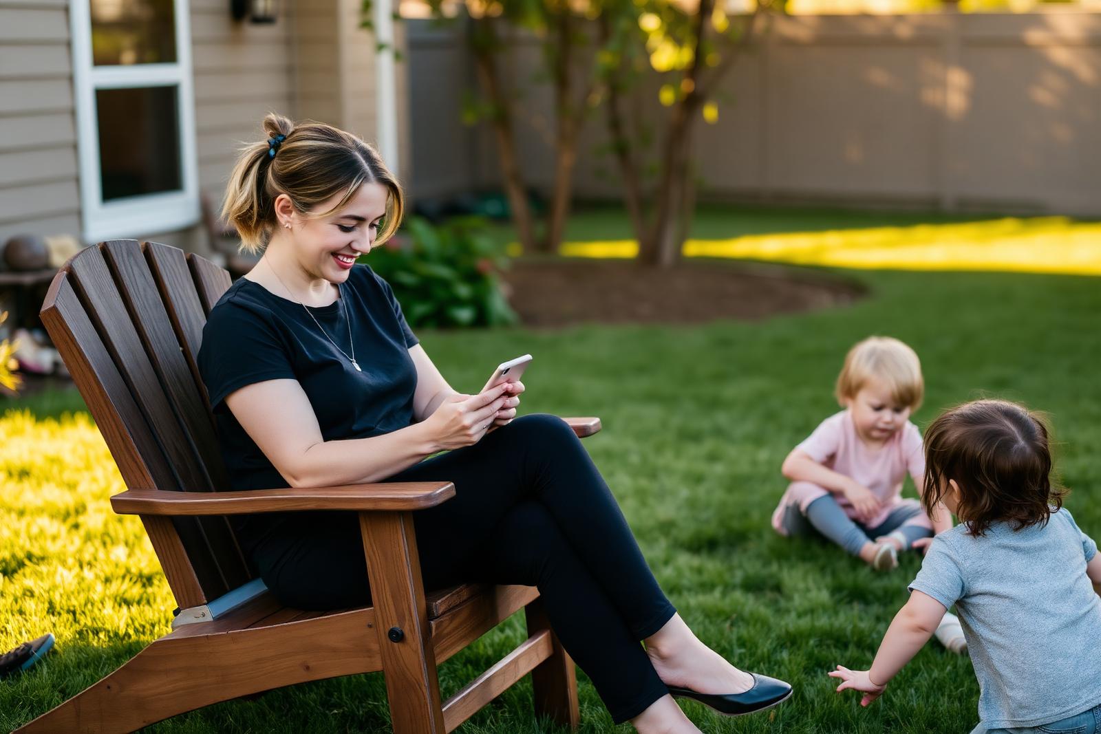 A mother sitting in her backyard using her phone while her kids play on the grass