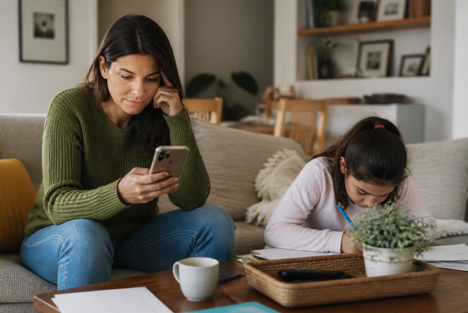A mother checking her phone at the kitchen table while helping her daughter with homework